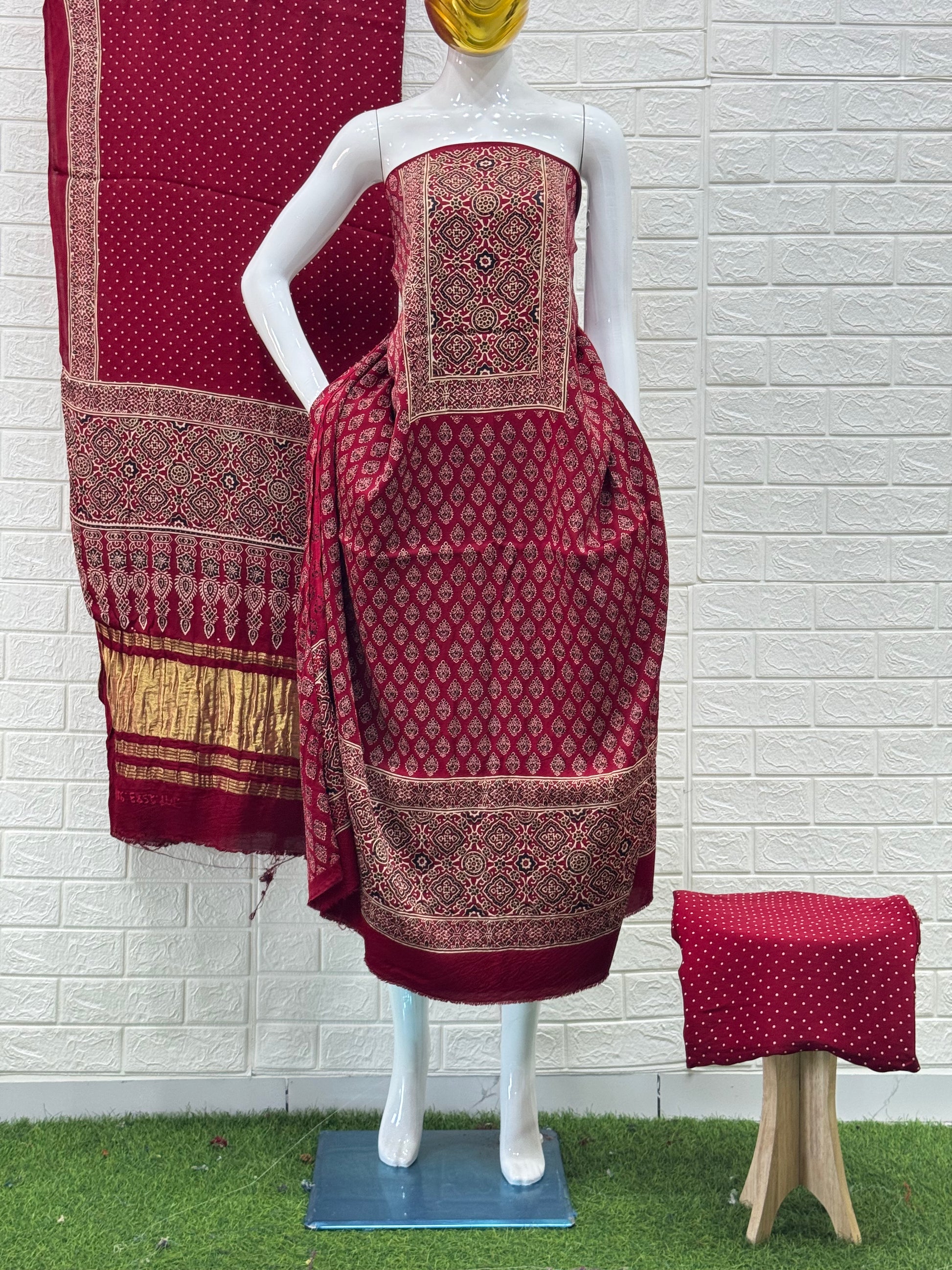 Ajrakh Hand Block Print Neptol Dye 3 Pice Suit