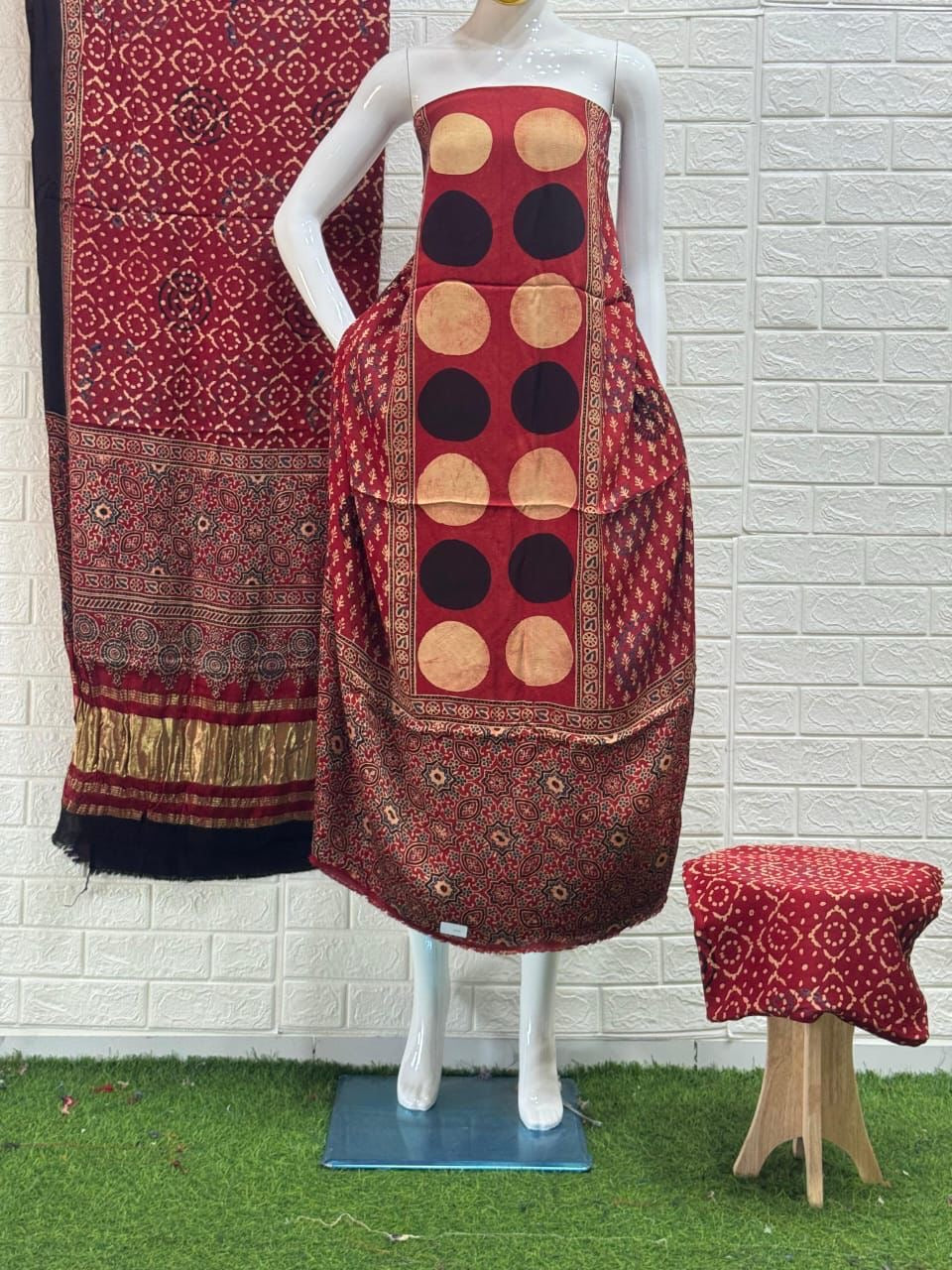 Pure Modal Silk Ajrakh Hand  Block print Nechral Dye 3 Pice Suit