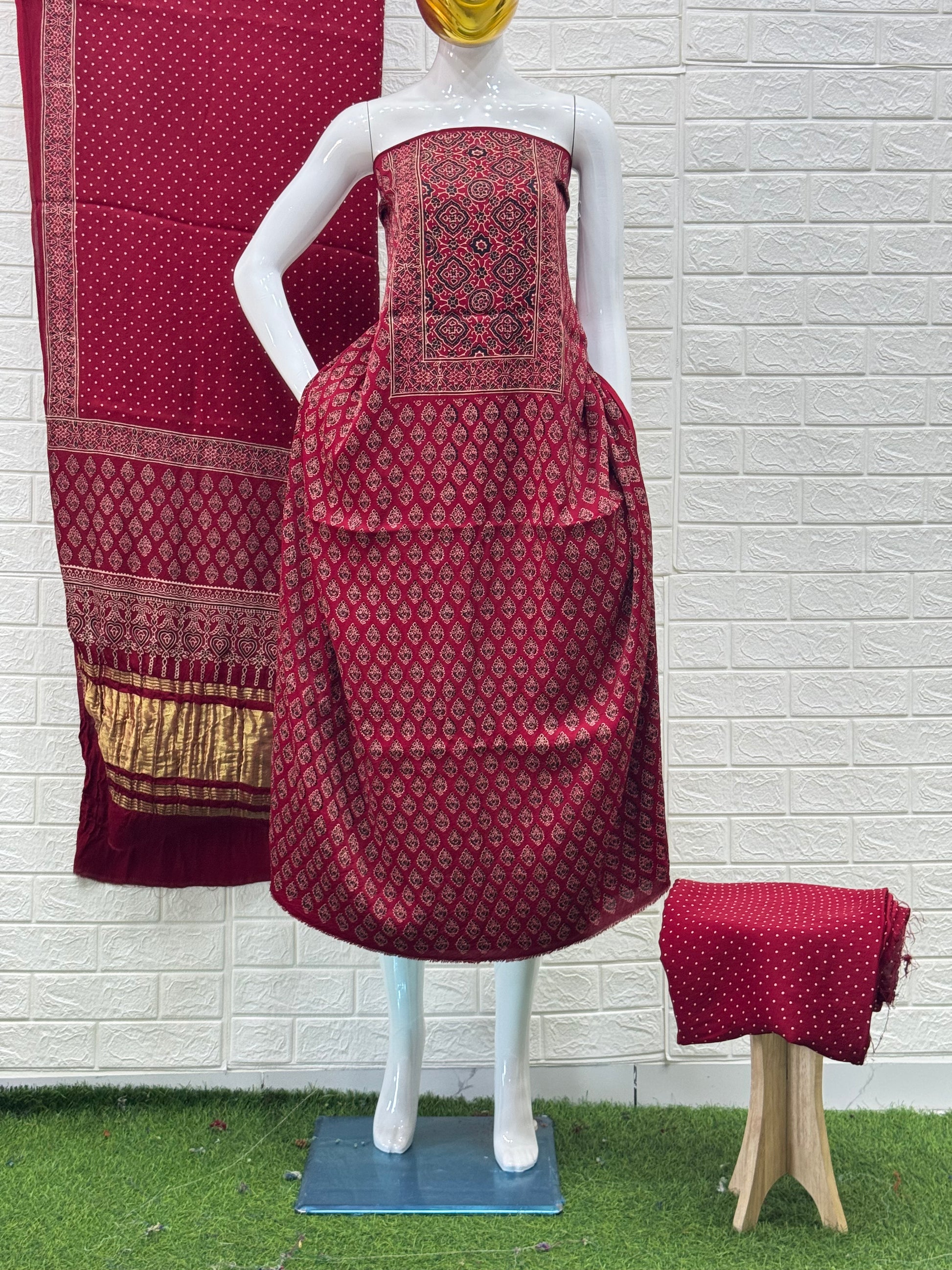 Ajrakh Hand Block Print Neptol Dye 3 Pice Suit
