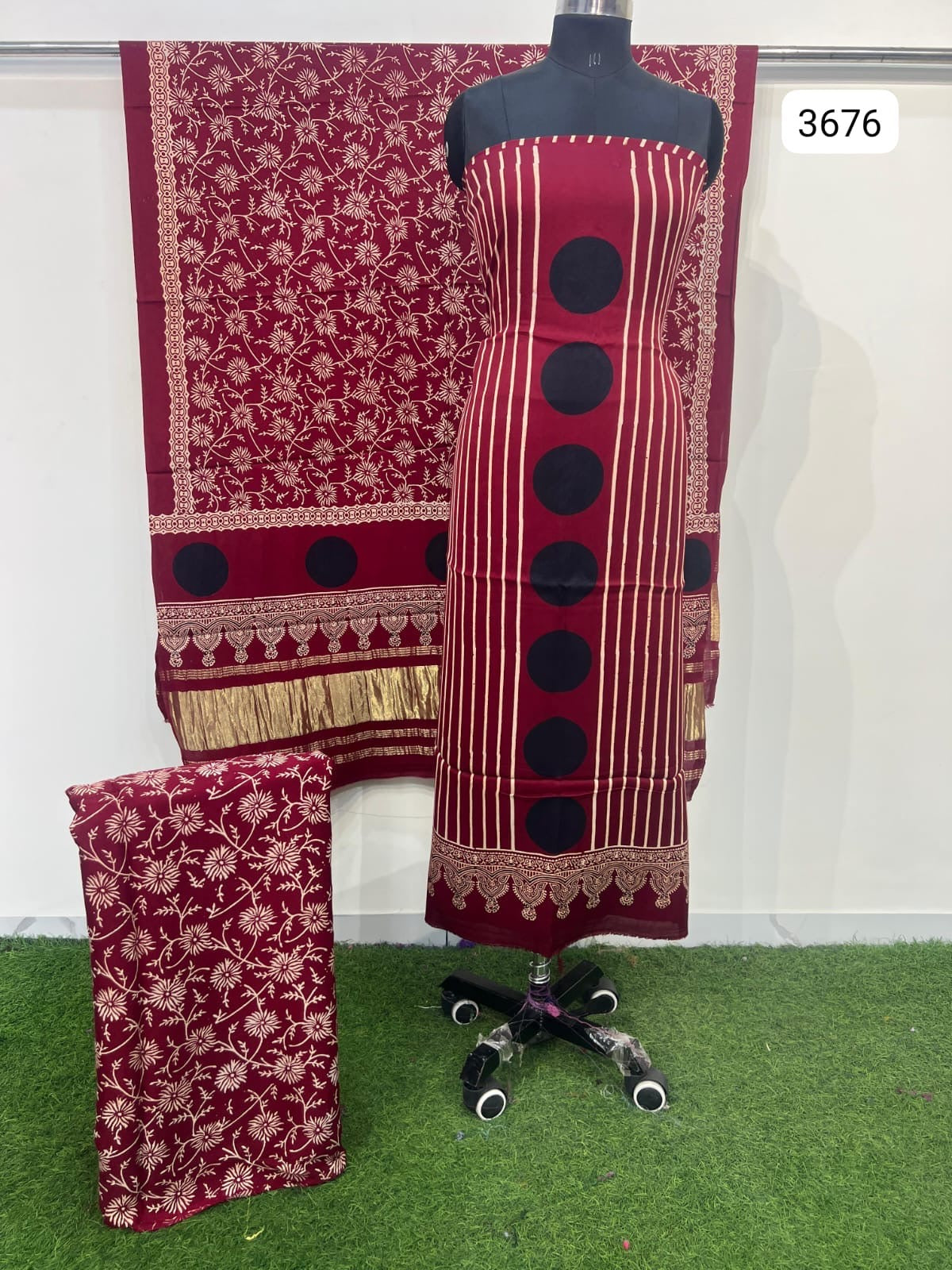 Pure Modal Silk Ajrakh Hand Block Print Neptol Dye 3 Pice Suit