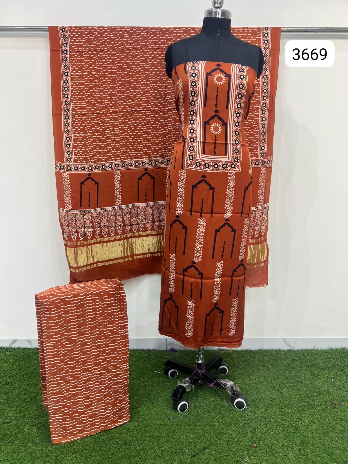 Pure Modal Silk Ajrakh Hand Block Print Neptol Dye 3 Pice Suit