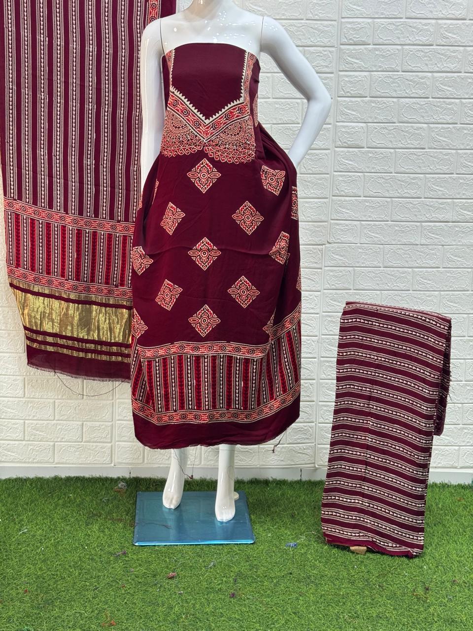 Buy Ajrakh Hand Block Print Neptol Dye 3 Pice Suit