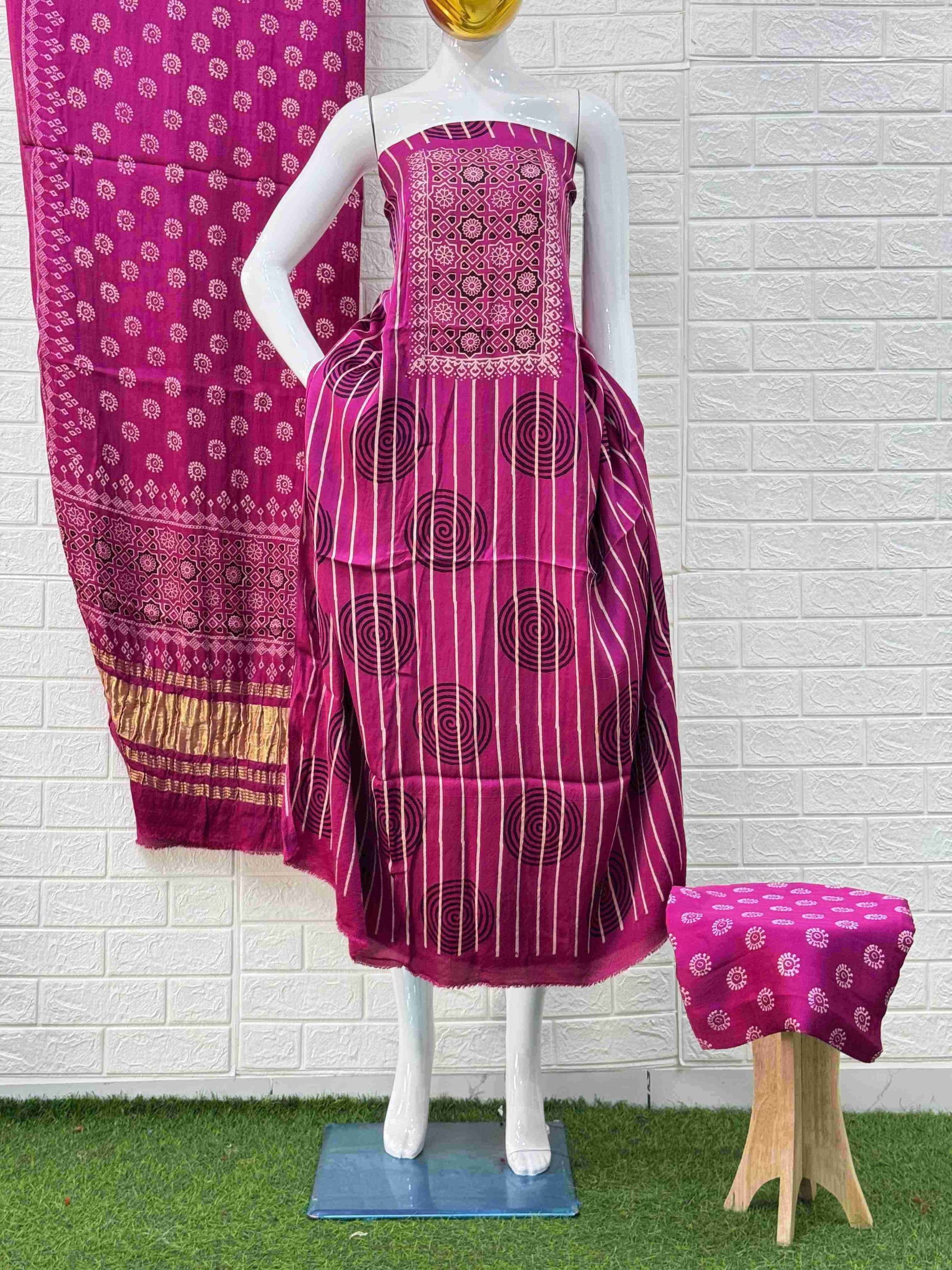 Pure Modal Silk Ajrakh Hand Block Print Neptol Dye 3 Pice Suit