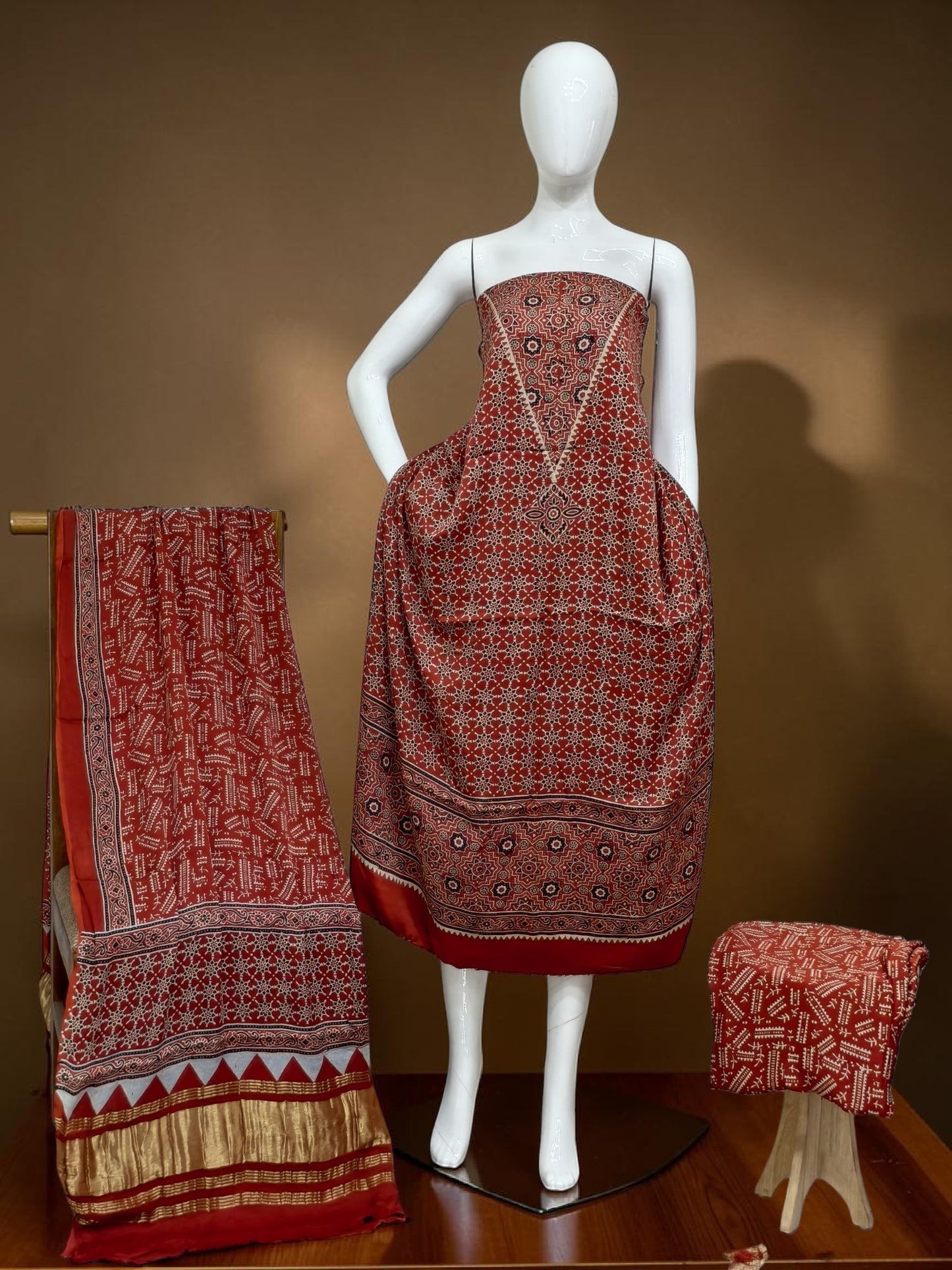 rust Modal Silk Ajrakh Hand Block Print Suit with Neptol Dye & Zari Pallu Dupatta – Premium Designer Ethnic Wear