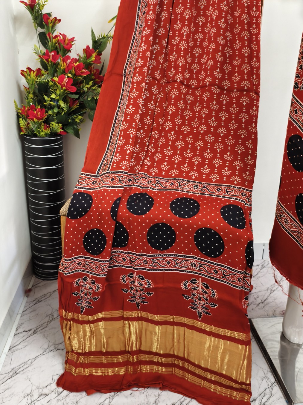 Modal Silk rust Ajrakh Hand Block Print Suit with Neptol Dye & Zari Pallu Dupatta – Premium Designer Ethnic Wear