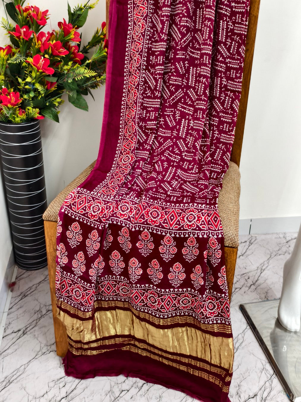 Modal Silk maroon Ajrakh Hand Block Print Suit with Neptol Dye & Zari Pallu Dupatta – Premium Designer Ethnic Wear
