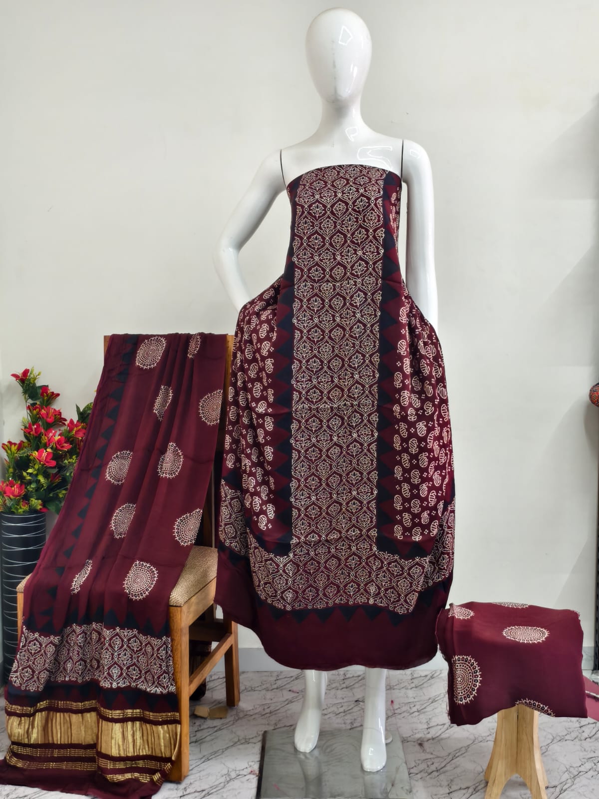 Modal Silk Ajrakh Hand Block Print Suit with Neptol Dye & Zari Pallu Dupatta – Premium Designer Ethnic Wear