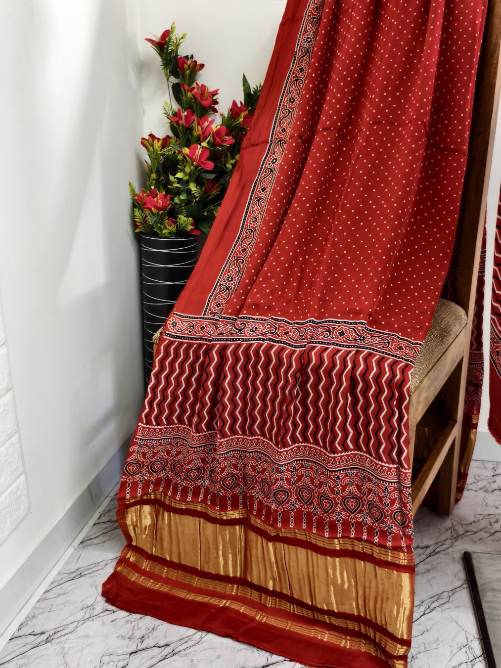 Modal Silk rust Ajrakh Hand Block Print Suit with Neptol Dye & Zari Pallu Dupatta – Premium Designer Ethnic Wear