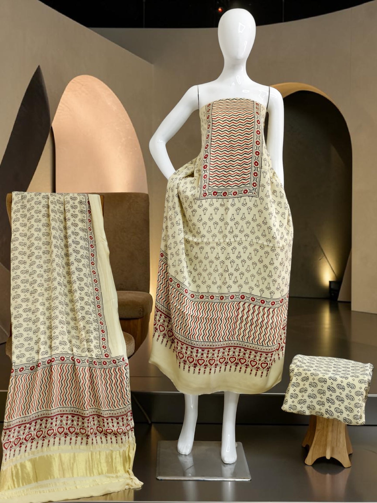 off white Modal Silk Ajrakh Hand Block Print Suit with Neptol Dye & Zari Pallu Dupatta – Premium Designer Ethnic Wear