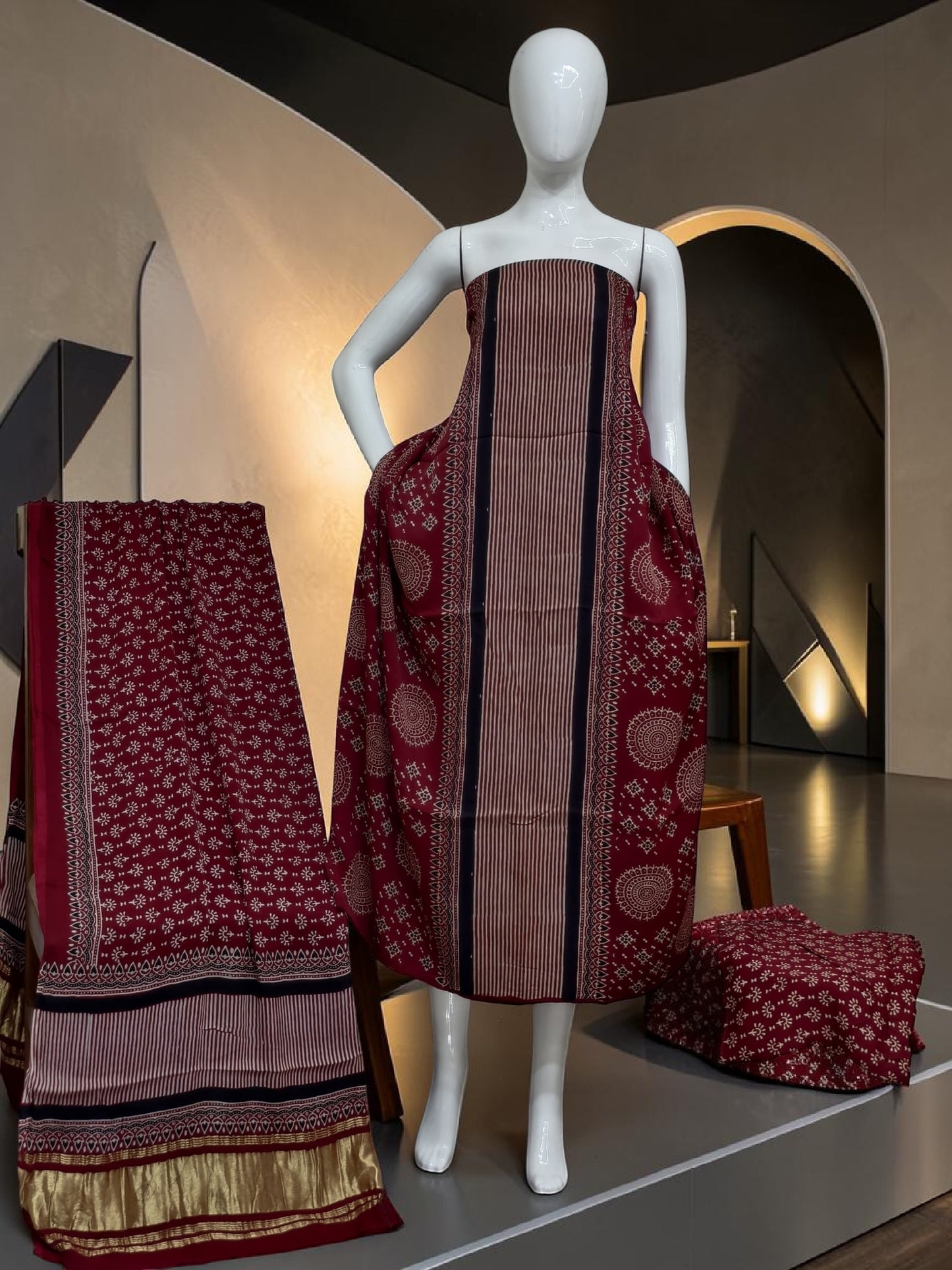 ladish maroon Modal Silk Ajrakh Hand Block Print Suit with Neptol Dye & Zari Pallu Dupatta – Premium Designer Ethnic Wear