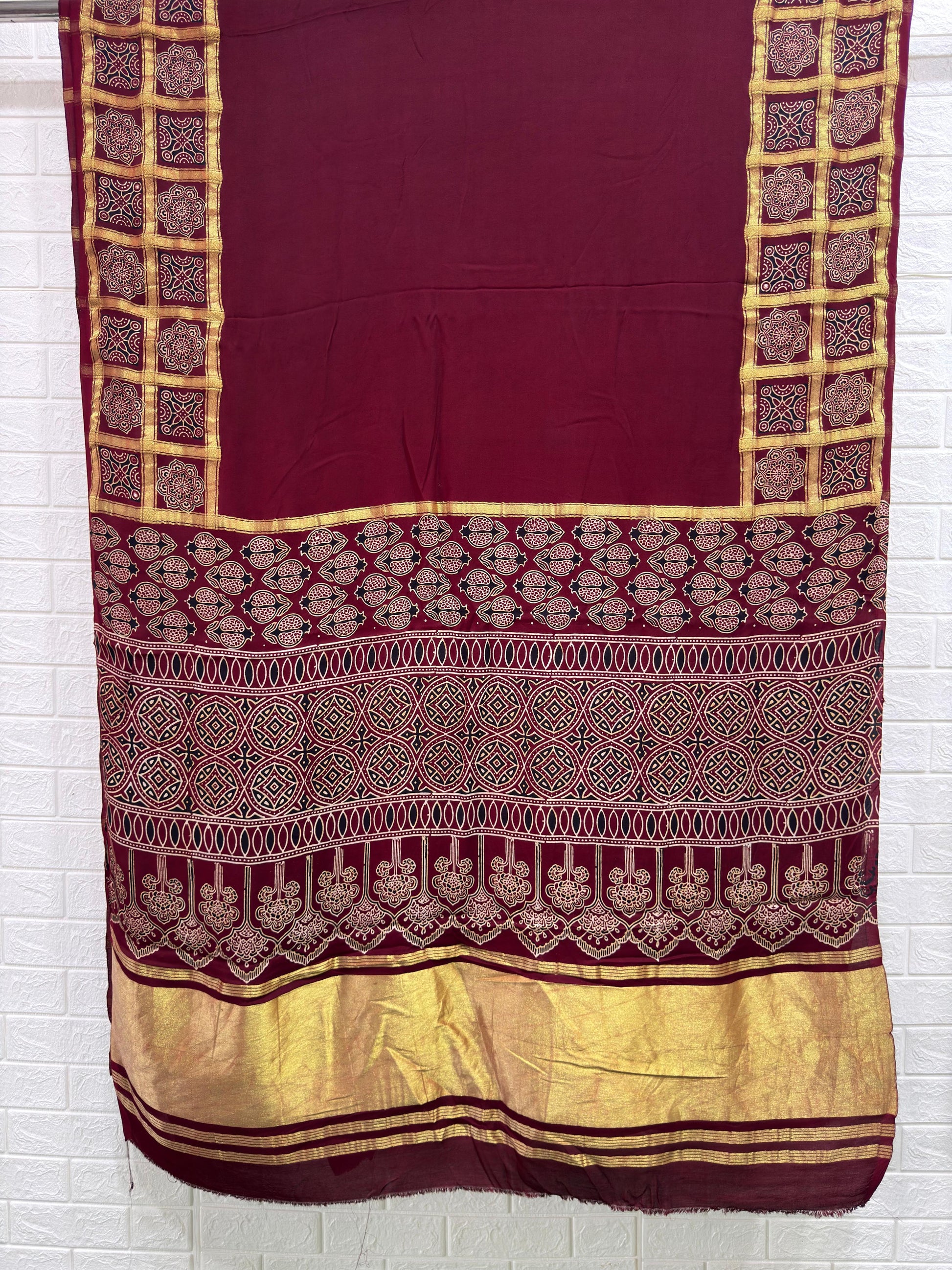 Ajrakh Hand Block Print Neptol Dye Saree with Zari Pallu