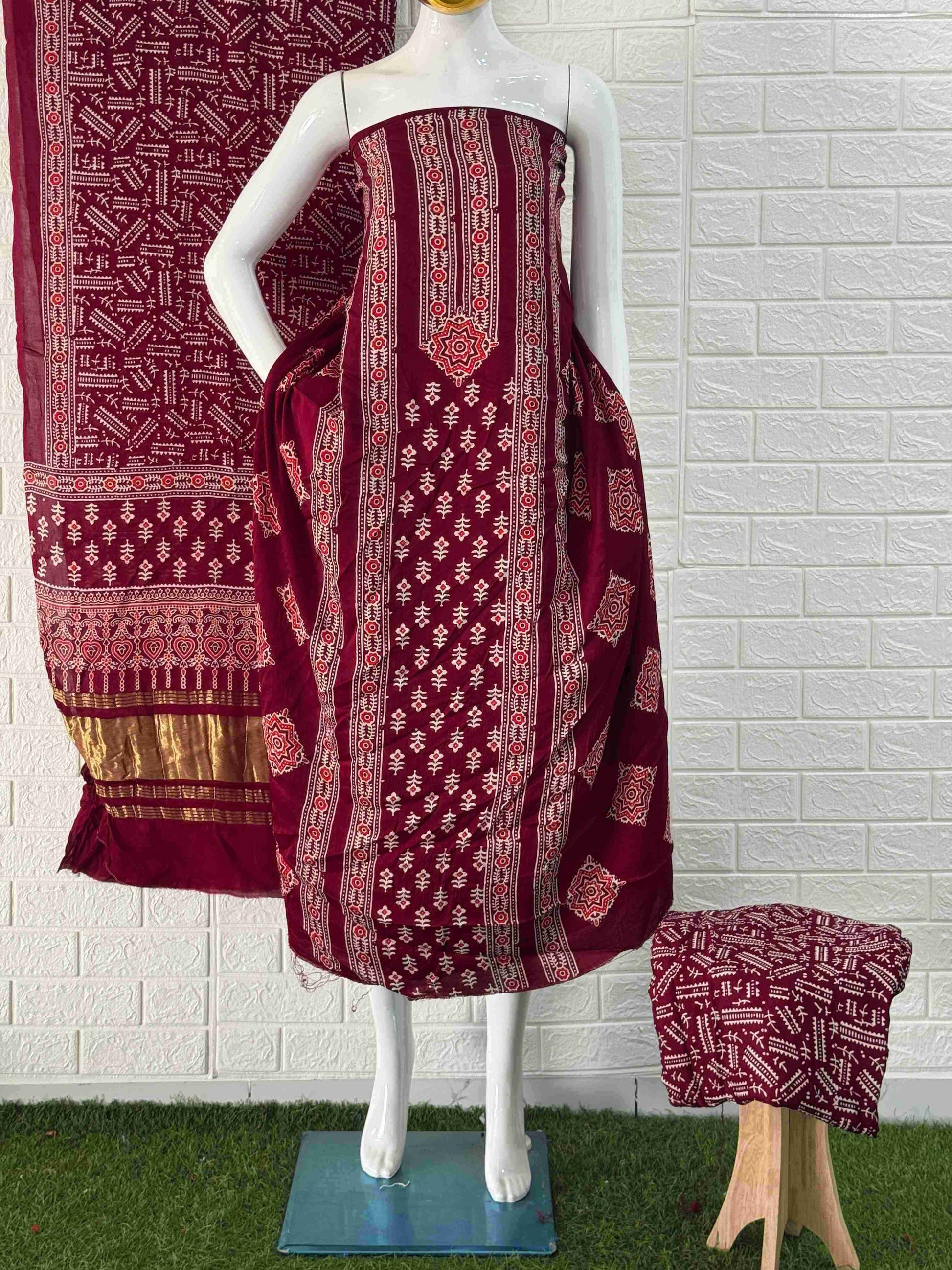 Pure Modal Silk Ajrakh Hand Block Print Neptol Dye 3 Pice Suit