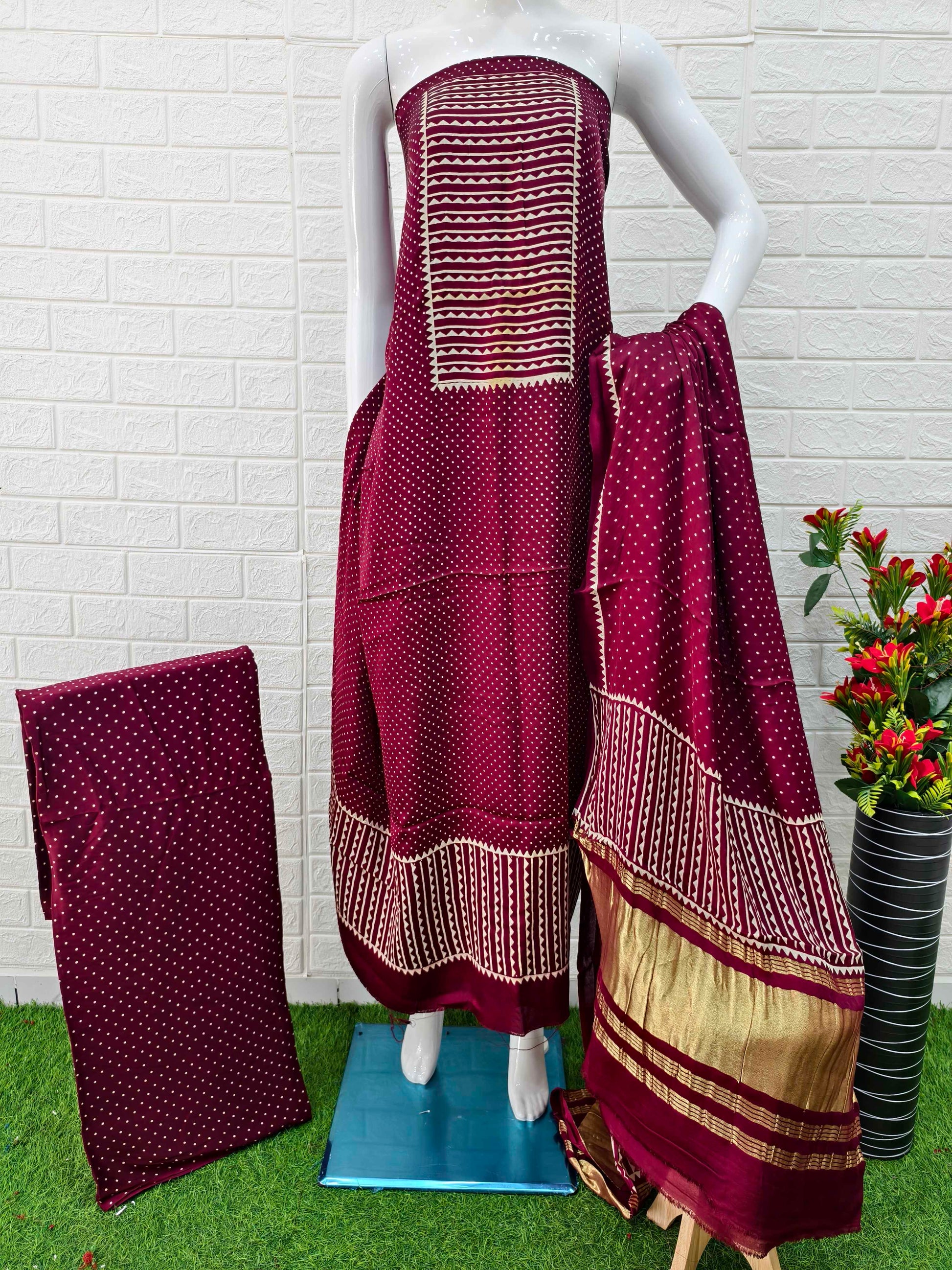 Pure Modal Silk Ajrakh Hand Block Print Neptol Dye 3 Pice Suit