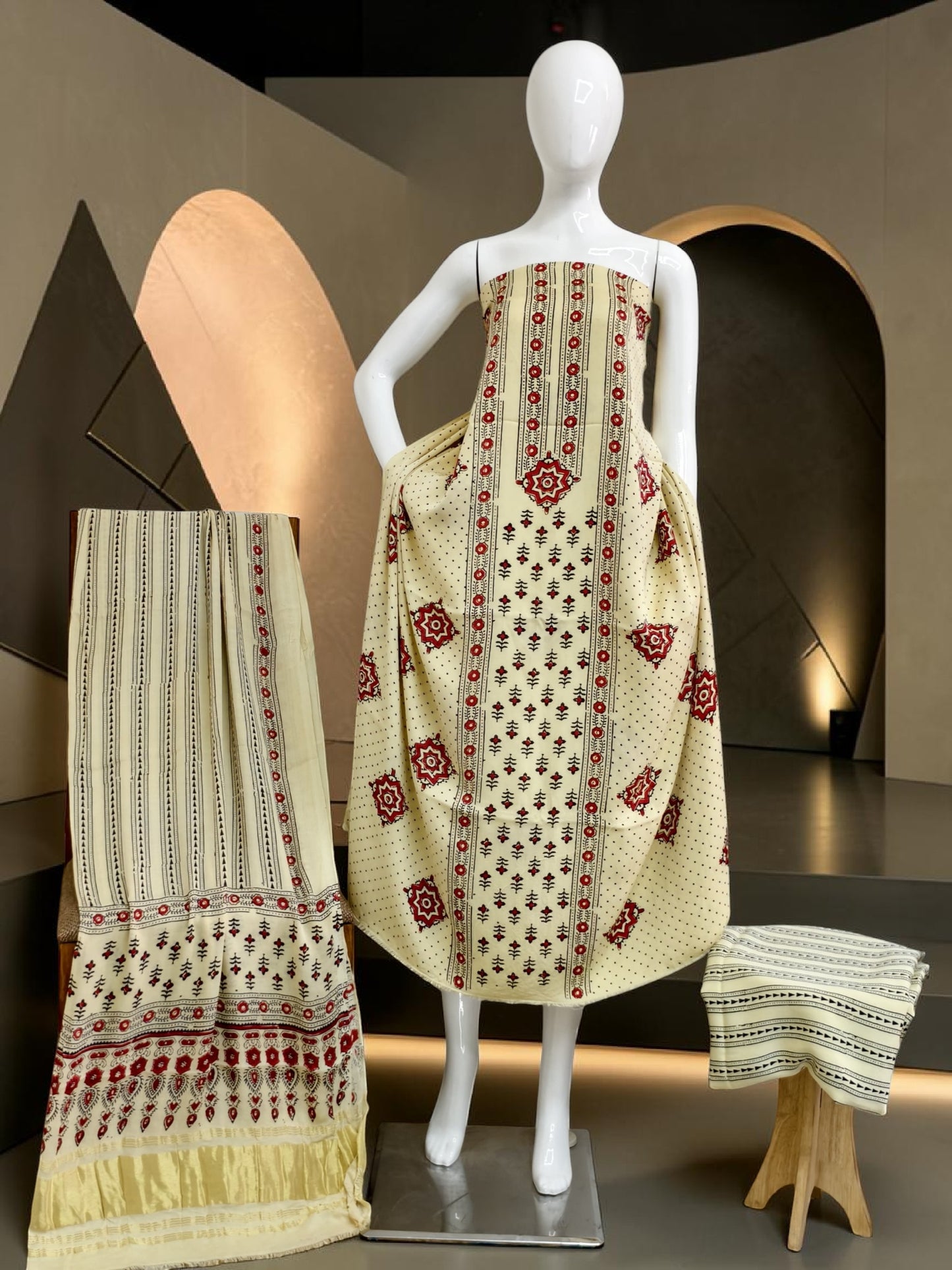 off white Modal Silk Ajrakh Hand Block Print Suit with Neptol Dye & Zari Pallu Dupatta – Premium Designer Ethnic Wear