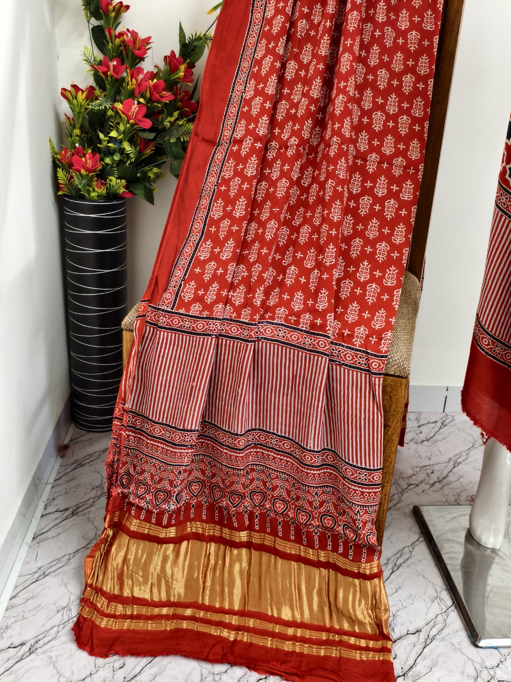 Modal Silk rust Ajrakh Hand Block Print Suit with Neptol Dye & Zari Pallu Dupatta – Premium Designer Ethnic Wear