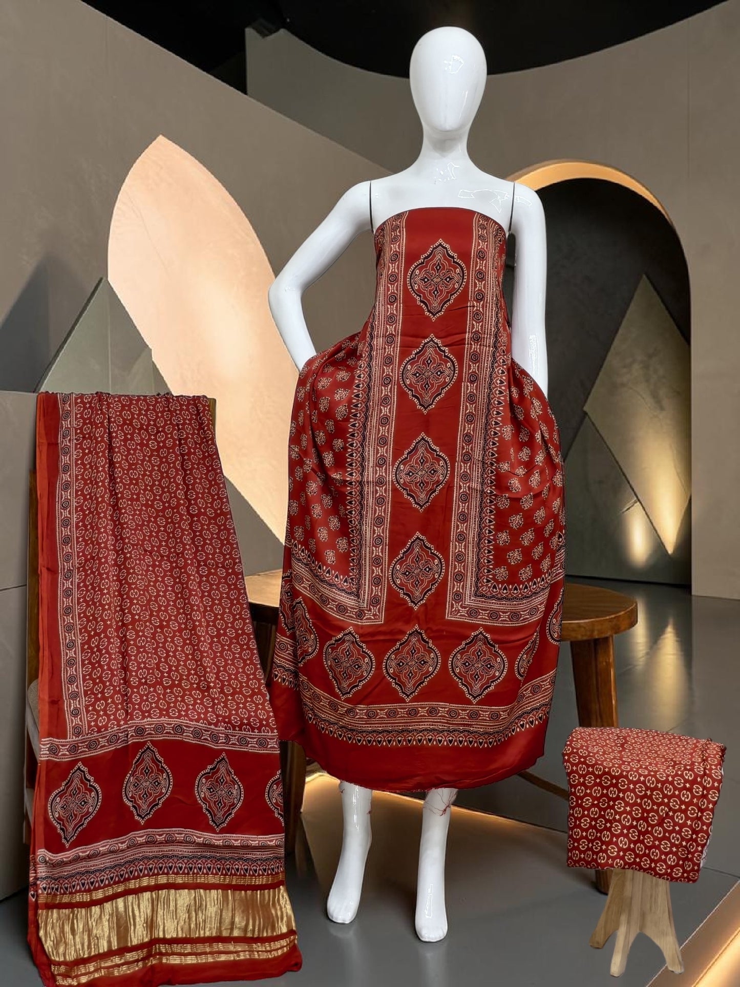 rust Modal Silk Ajrakh Hand Block Print Suit with Neptol Dye & Zari Pallu Dupatta – Premium Designer Ethnic Wear