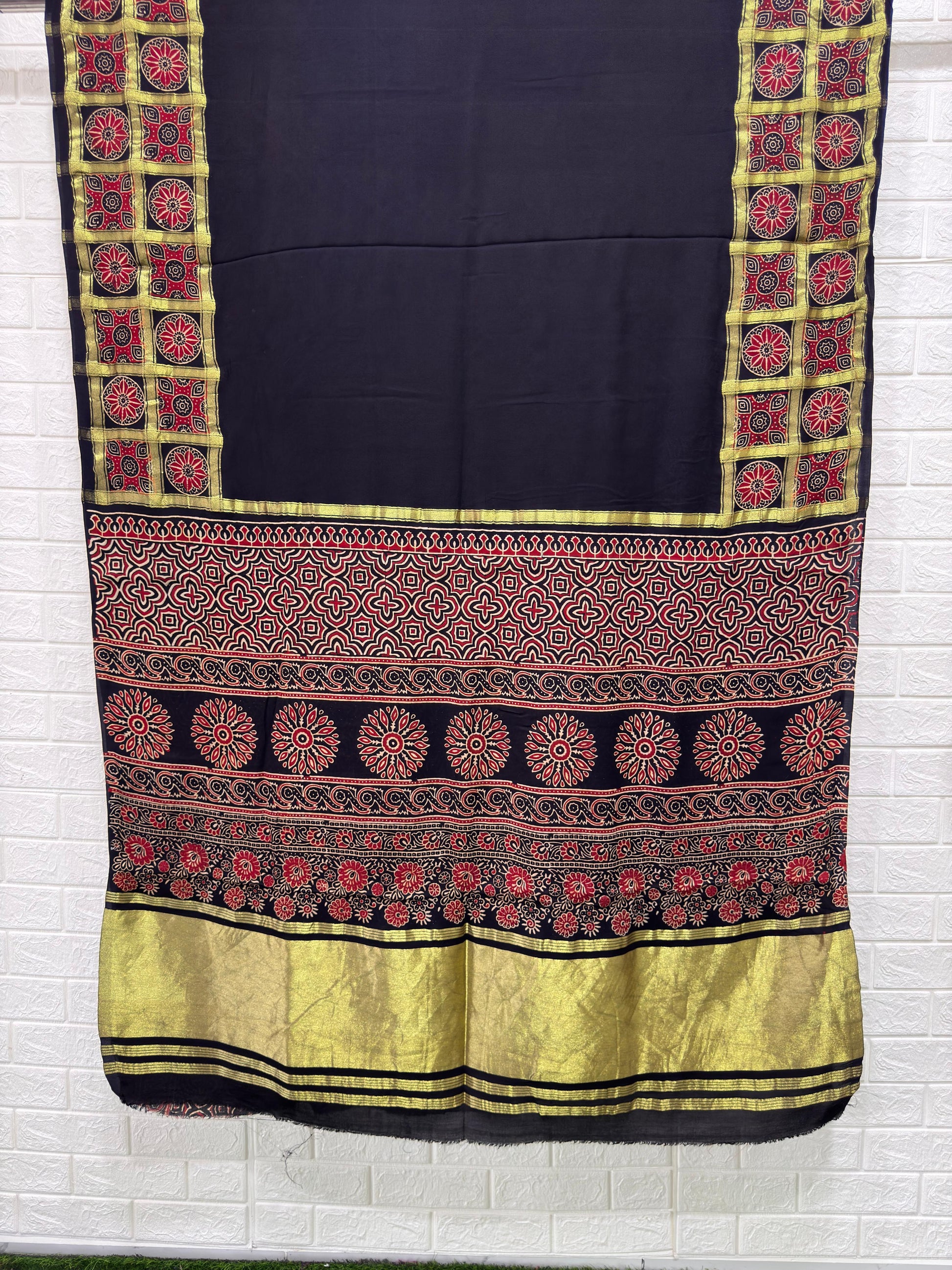 Ajrakh Hand Block Print Neptol Dye Saree with Zari Pallu
