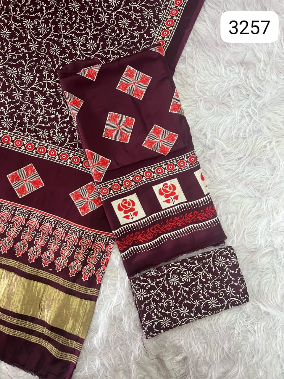 Pure Modal Silk Ajrakh Hand Block Print Neptol Dye 3 Pice Suit