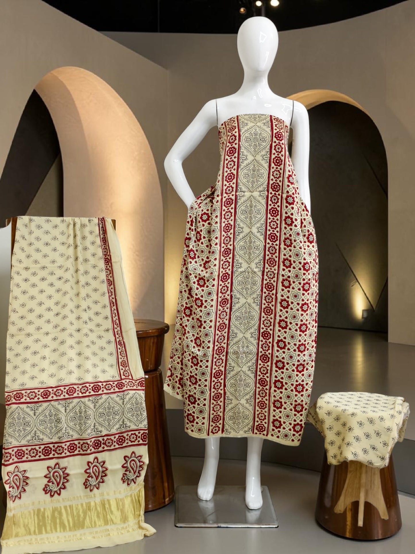 off white Modal Silk Ajrakh Hand Block Print Suit with Neptol Dye & Zari Pallu Dupatta – Premium Designer Ethnic Wear