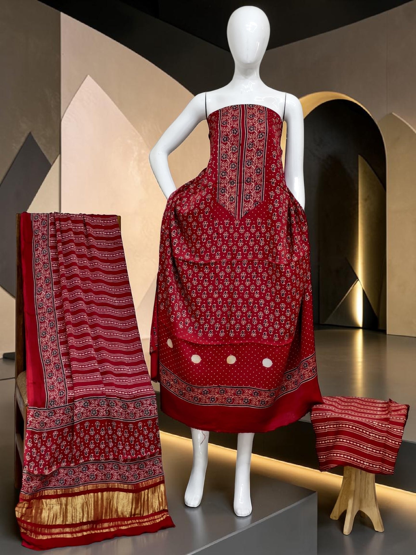 red Modal Silk Ajrakh Hand Block Print Suit with Neptol Dye & Zari Pallu Dupatta – Premium Designer Ethnic Wear