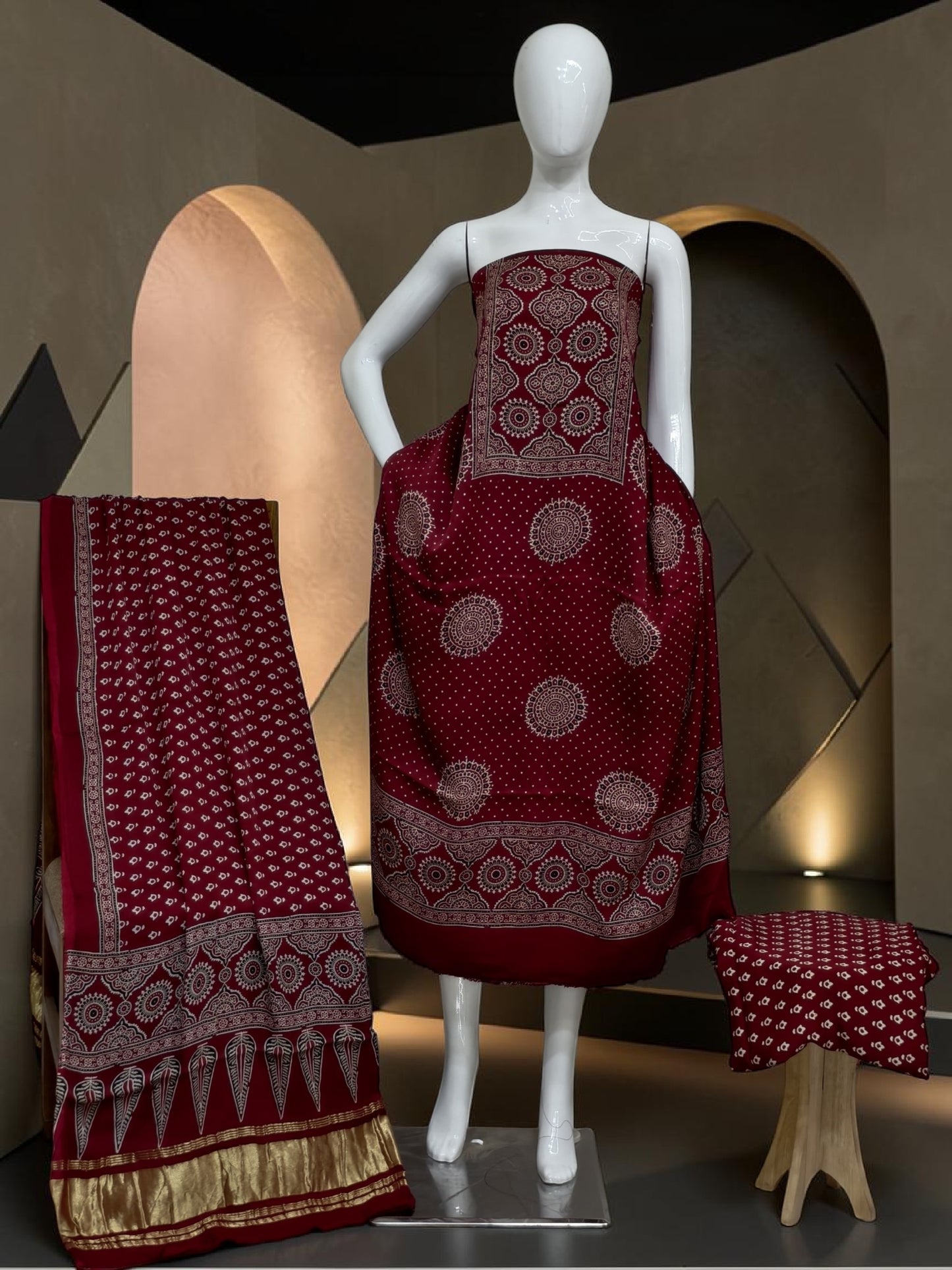 ladish maroon Modal Silk Ajrakh Hand Block Print Suit with Neptol Dye & Zari Pallu Dupatta – Premium Designer Ethnic Wear