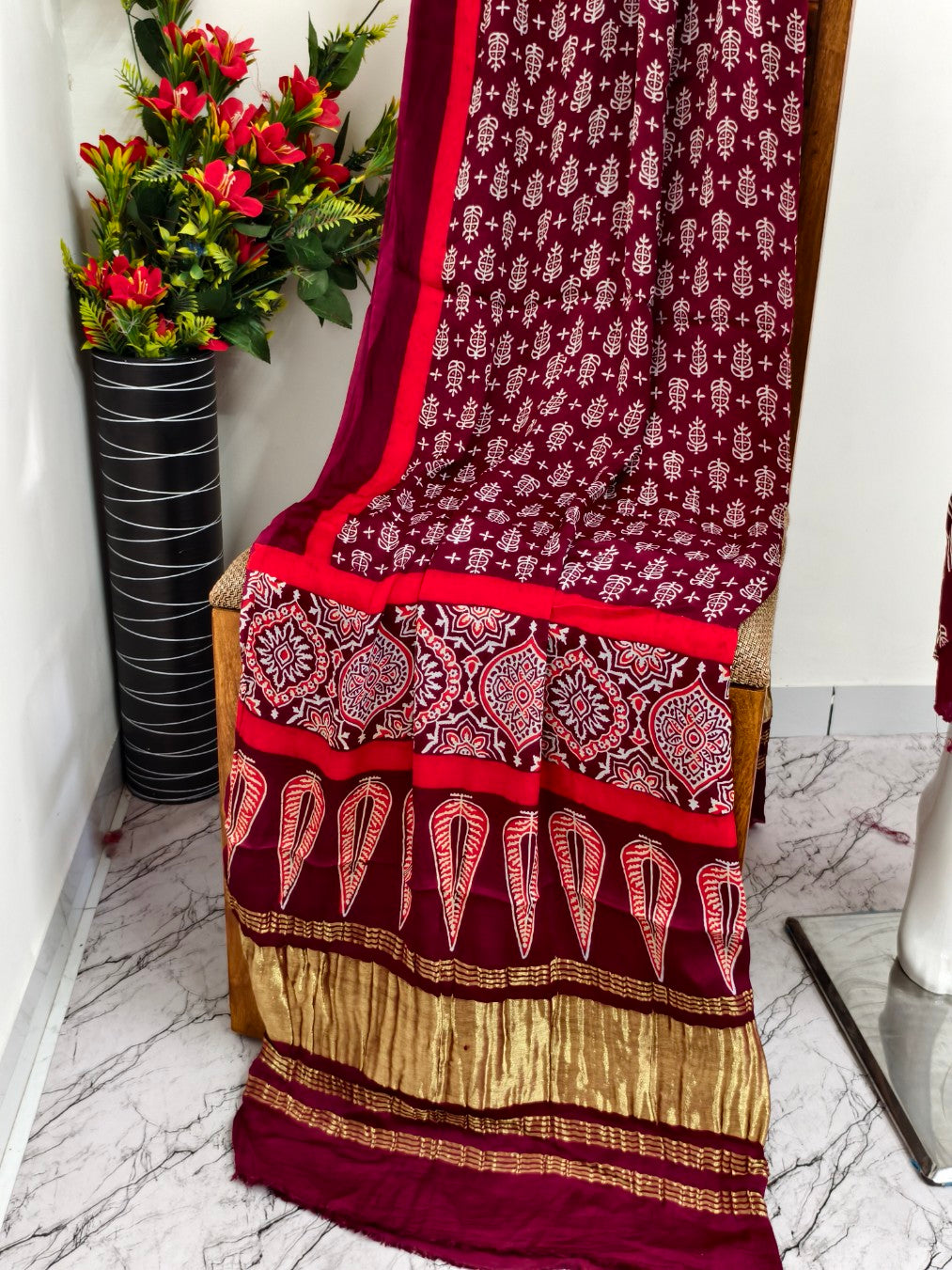 Modal Silk maroon Ajrakh Hand Block Print Suit with Neptol Dye & Zari Pallu Dupatta – Premium Designer Ethnic Wear