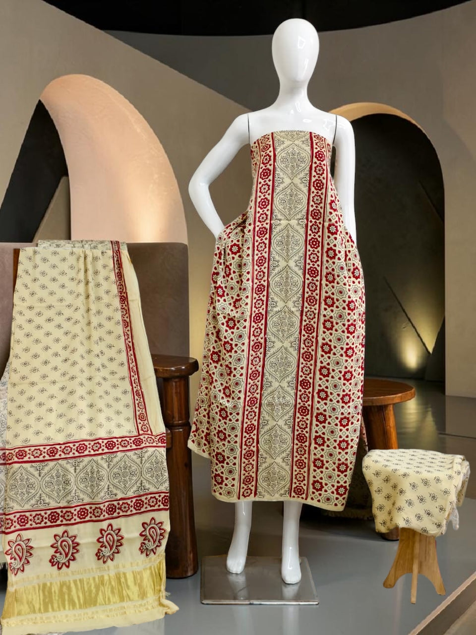 off white Modal Silk Ajrakh Hand Block Print Suit with Neptol Dye & Zari Pallu Dupatta – Premium Designer Ethnic Wear