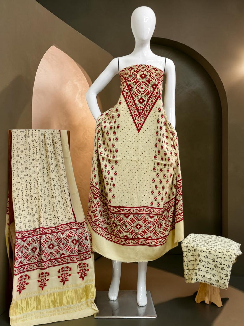off white Modal Silk Ajrakh Hand Block Print Suit with Neptol Dye & Zari Pallu Dupatta – Premium Designer Ethnic Wear