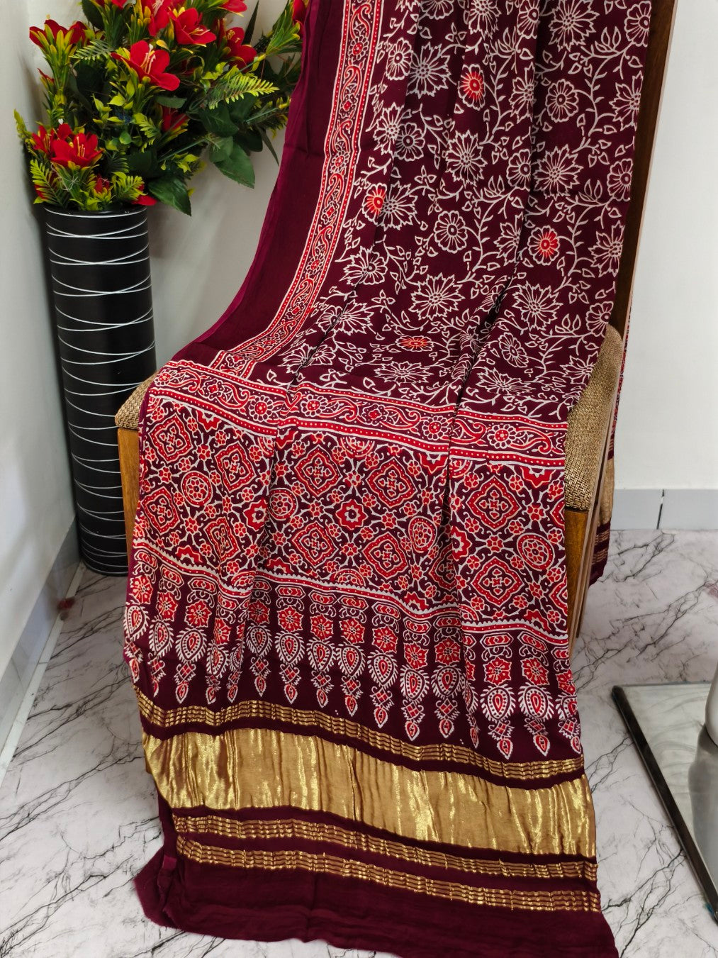 Modal Silk maroon Ajrakh Hand Block Print Suit with Neptol Dye & Zari Pallu Dupatta – Premium Designer Ethnic Wear