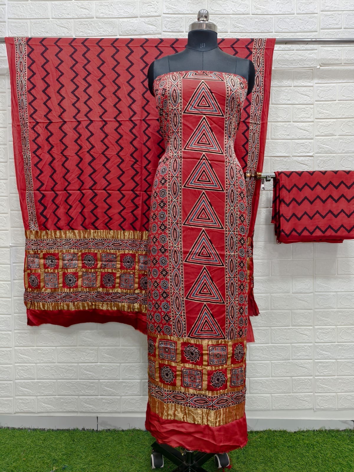 Ajrakh hand block print checks pallu top and dupatta suit