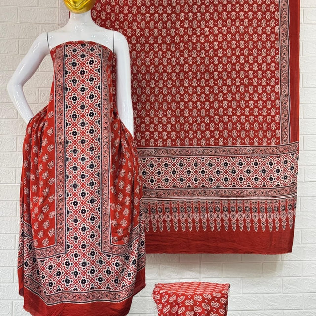 Pure Modal Silk Ajrakh Hand Block Print neptol Dye 3 Pice Suit without zari pallu