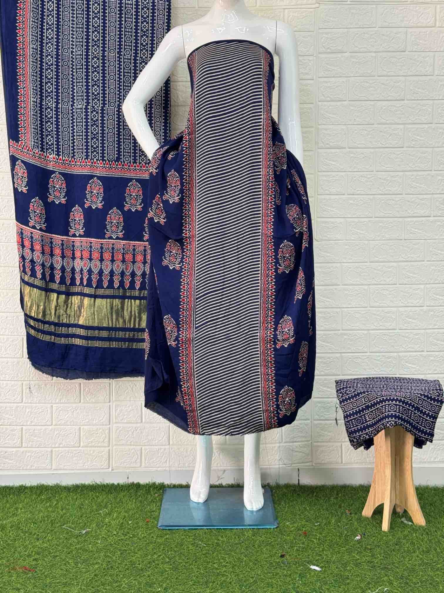 Pure Modal Silk Rust Ajrakh Hand Block Print Neptol Dye 3 Pice Suit