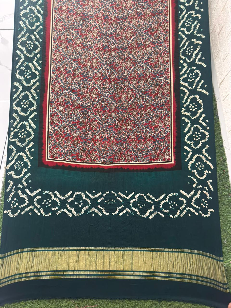 Modal silk ajrakh and bandhani dupatta screen print
