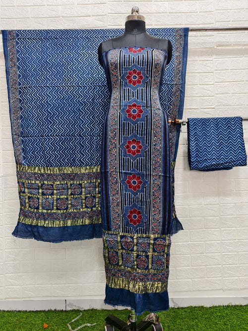 Ajrakh hand block print checks pallu top and dupatta suit