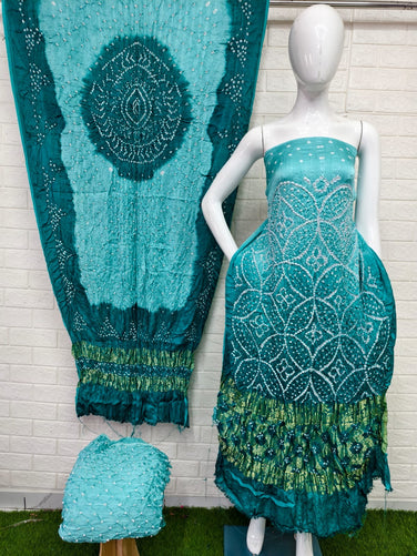 Modal Silk Bandhani Suit Barik Bandhej Naxi Pallu Top