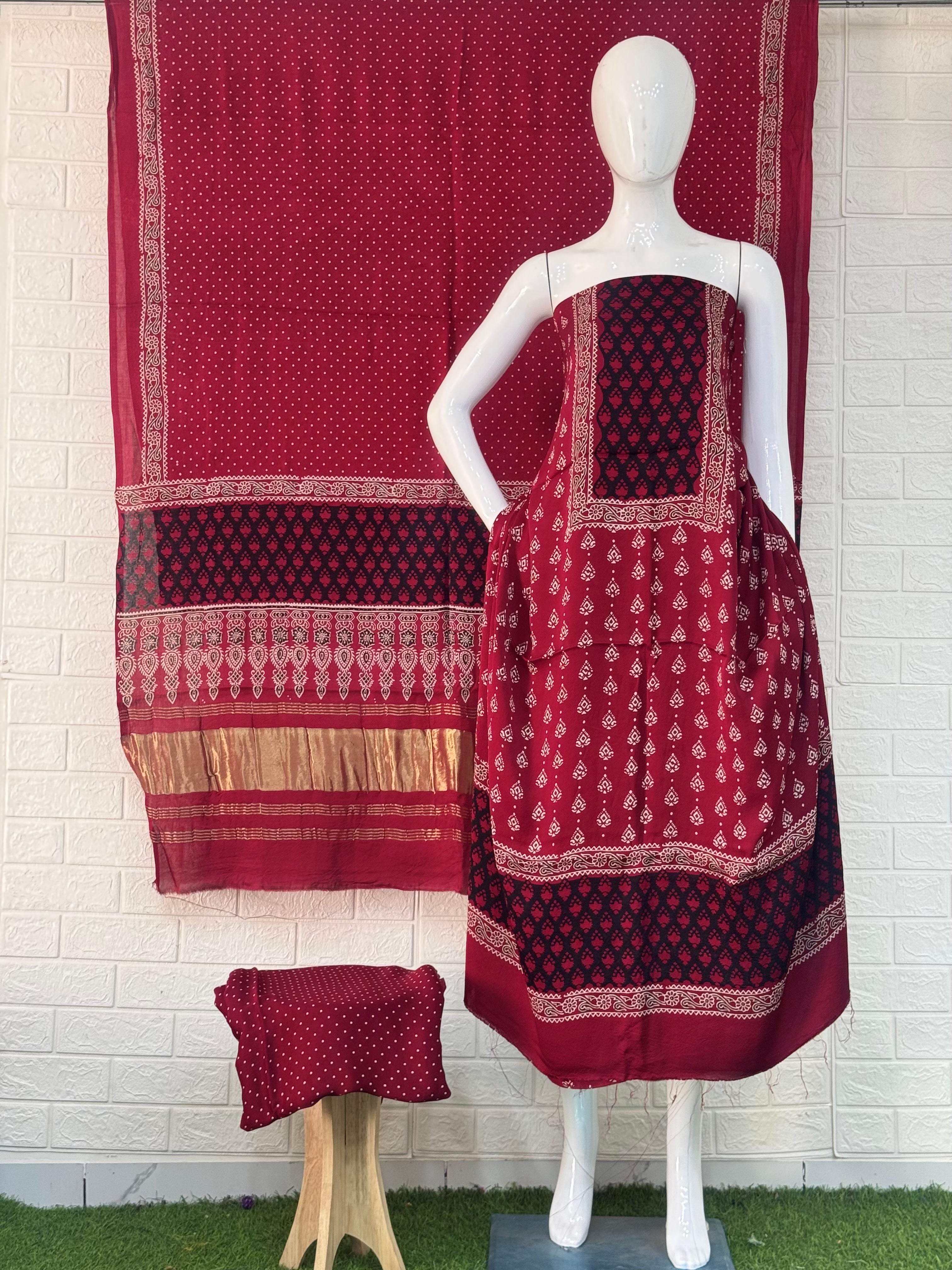 Pure Modal Silk Ajrakh Hand Block Print Neptol Dye 3 Pice Suit