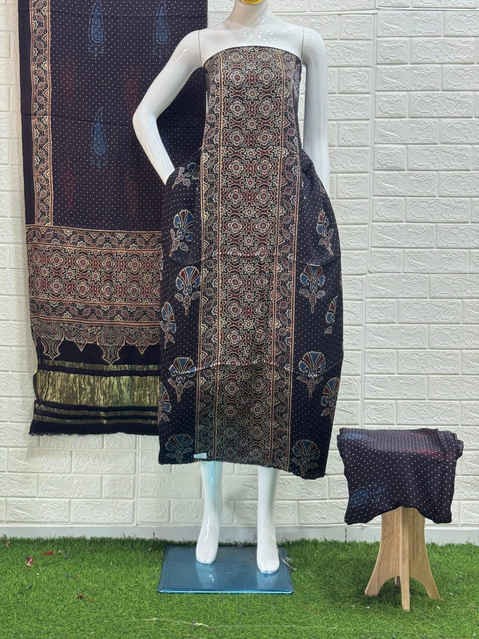 Pure Modal Silk Ajrakh Hand  Block print Nechral Dye 3 Pice Suit