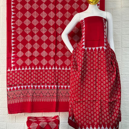 Pure Modal Silk Ajrakh Hand Block Print neptol Dye 3 Pice Suit without zari pallu