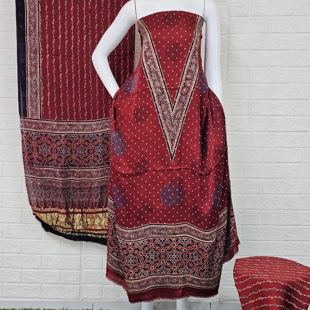 Pure Modal Silk Ajrakh Hand Block Print Nechral Dye 3 Pice Suit