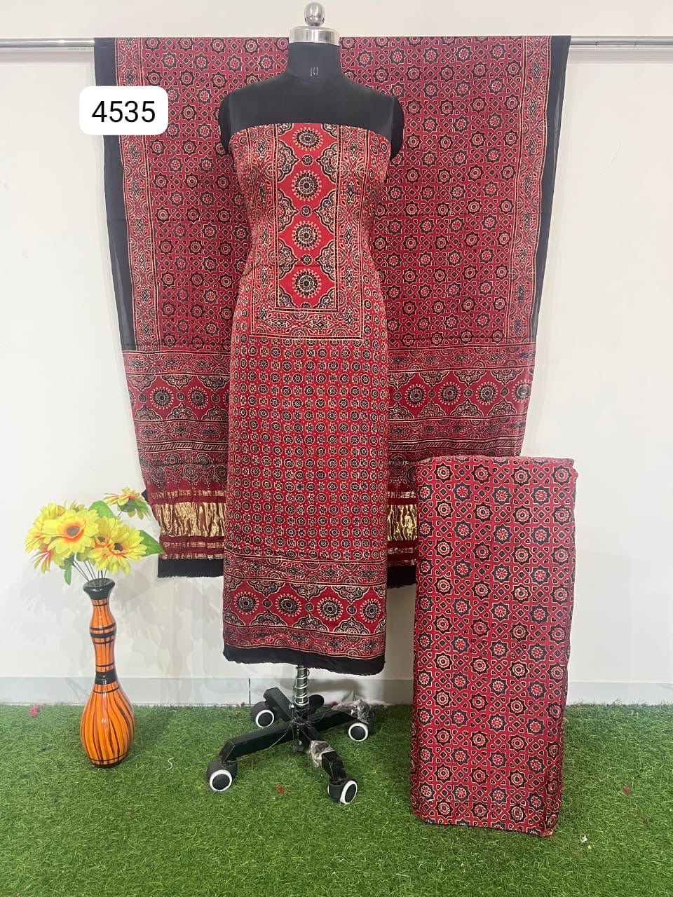 Pure Modal Silk Ajrakh Hand  Block print Nechral Dye 3 Pice Suit