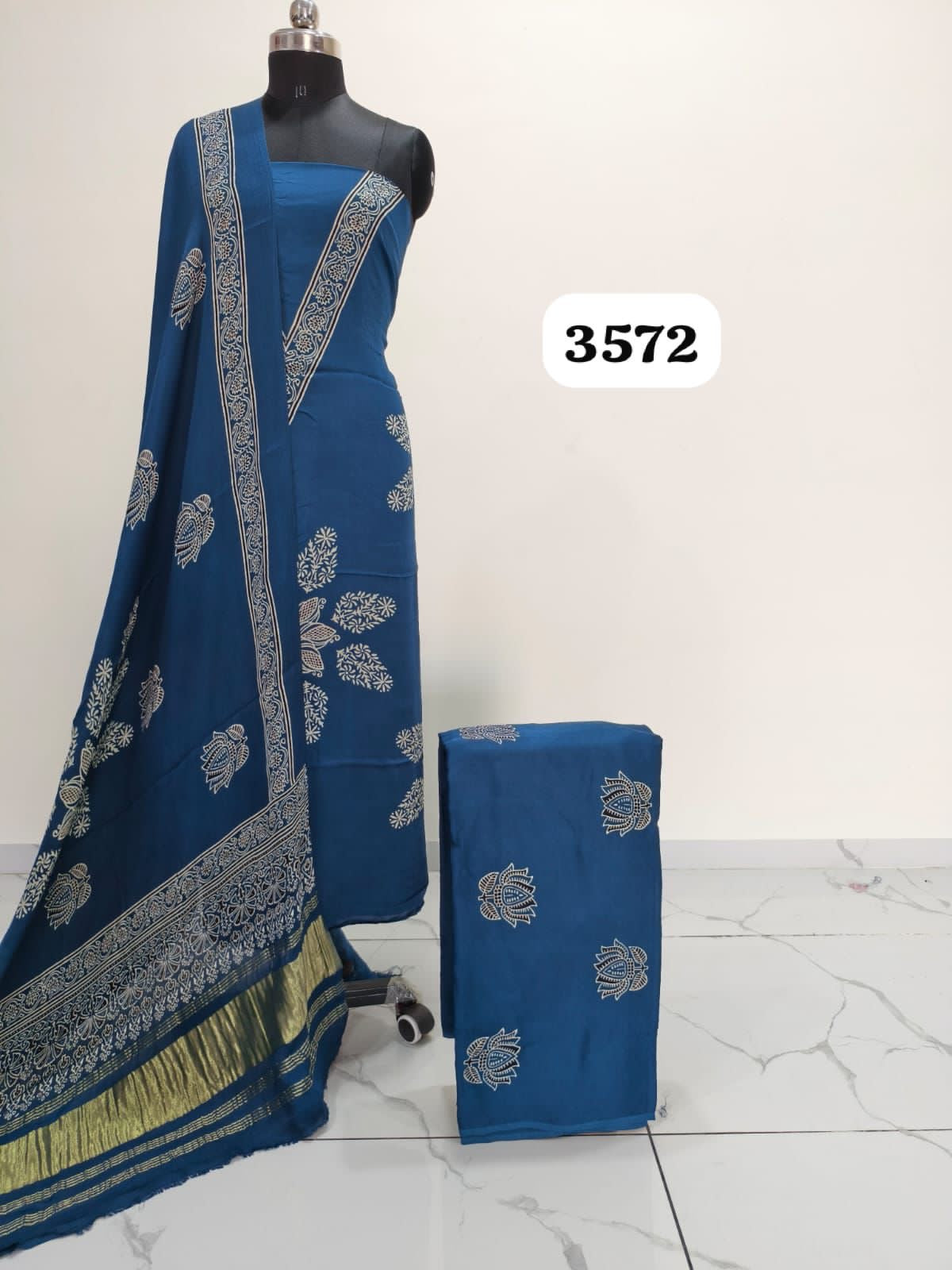 Pure Modal Silk Ajrakh Hand Block Print Neptol Dye 3 Pice Suit