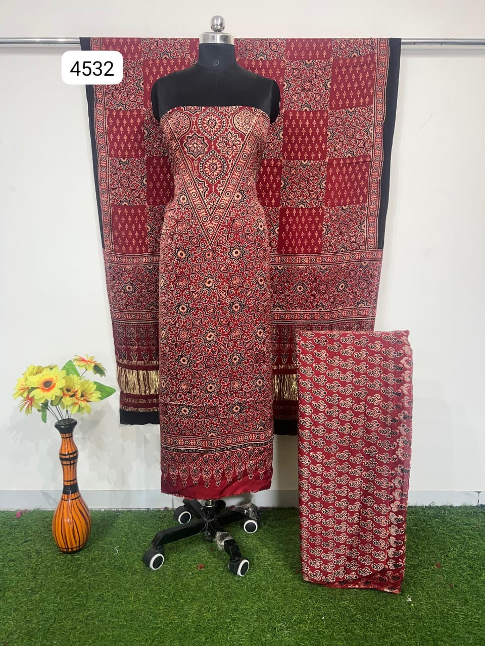 Pure Modal Silk Ajrakh Hand  Block print Nechral Dye 3 Pice Suit