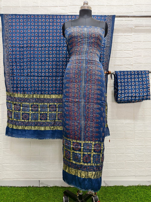 Ajrakh hand block print checks pallu top and dupatta suit