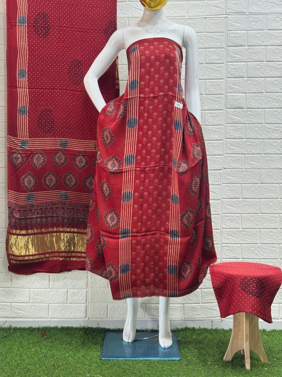 Pure Modal Silk Ajrakh Hand  Block print Nechral Dye 3 Pice Suit