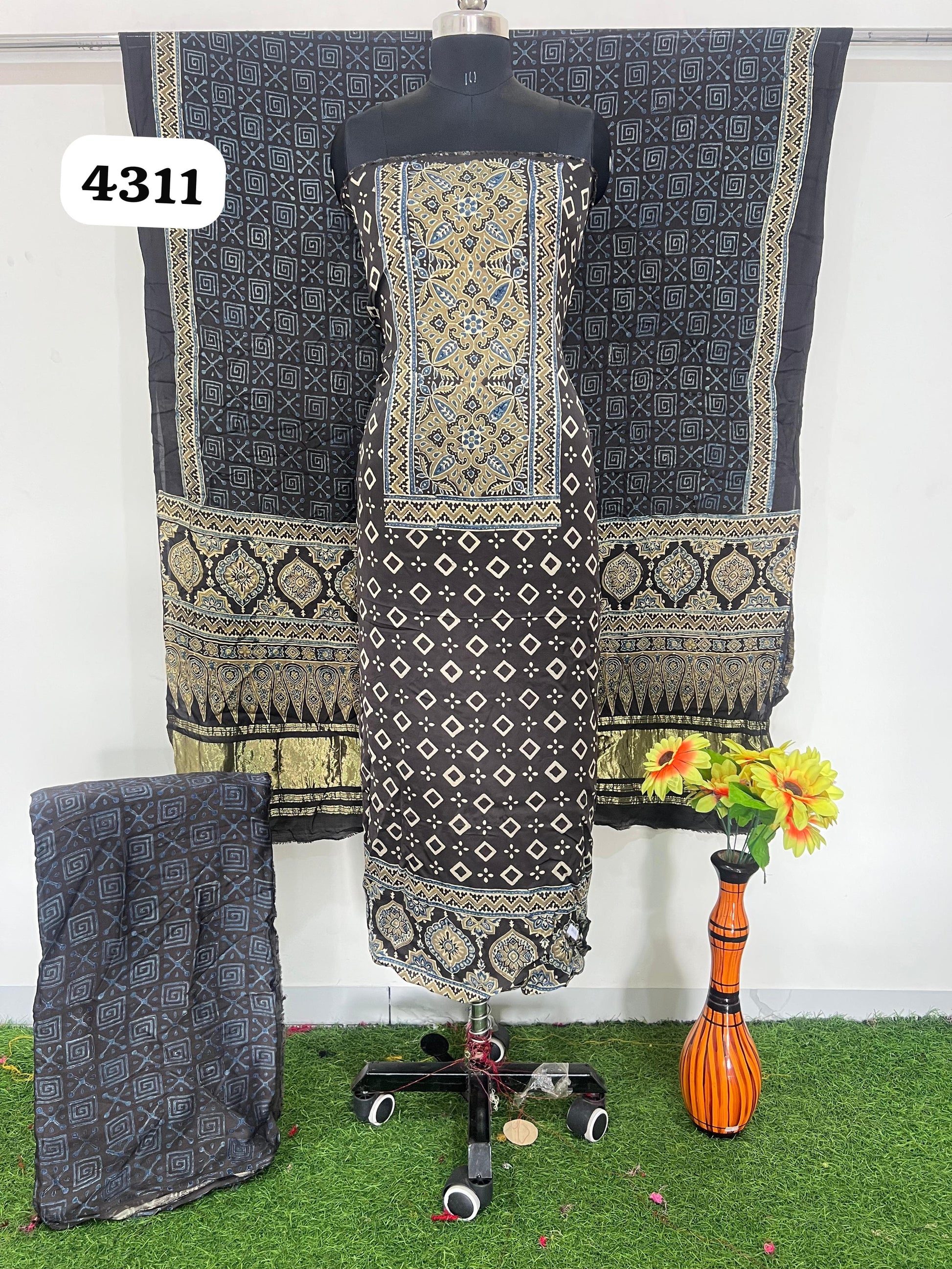 Pure Modal Silk Ajrakh Hand  Block print Nechral Dye 3 Pice Suit