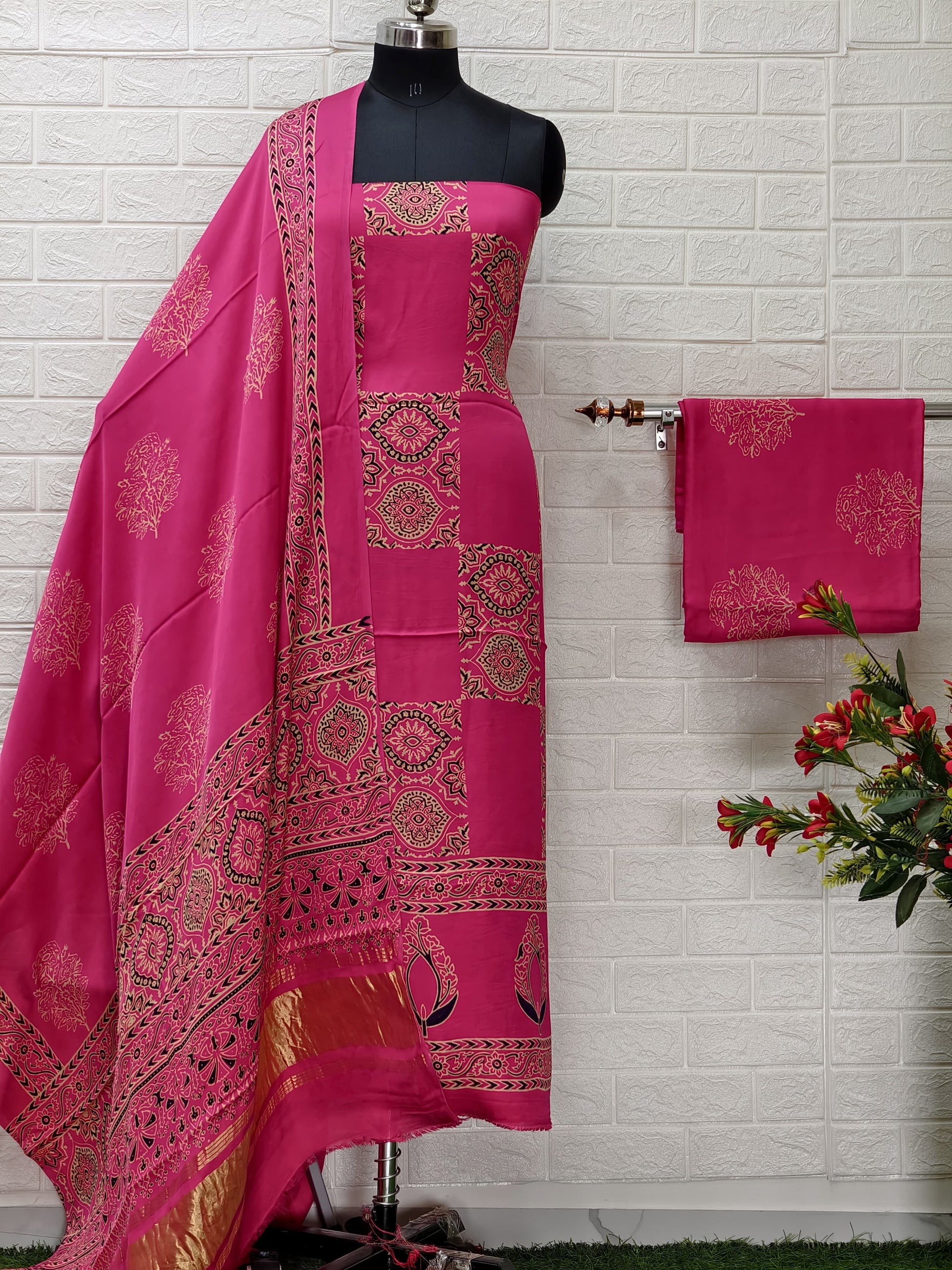 Pure Modal Silk Ajrakh Hand Block Print Neptol Dye 3 Pice Suit