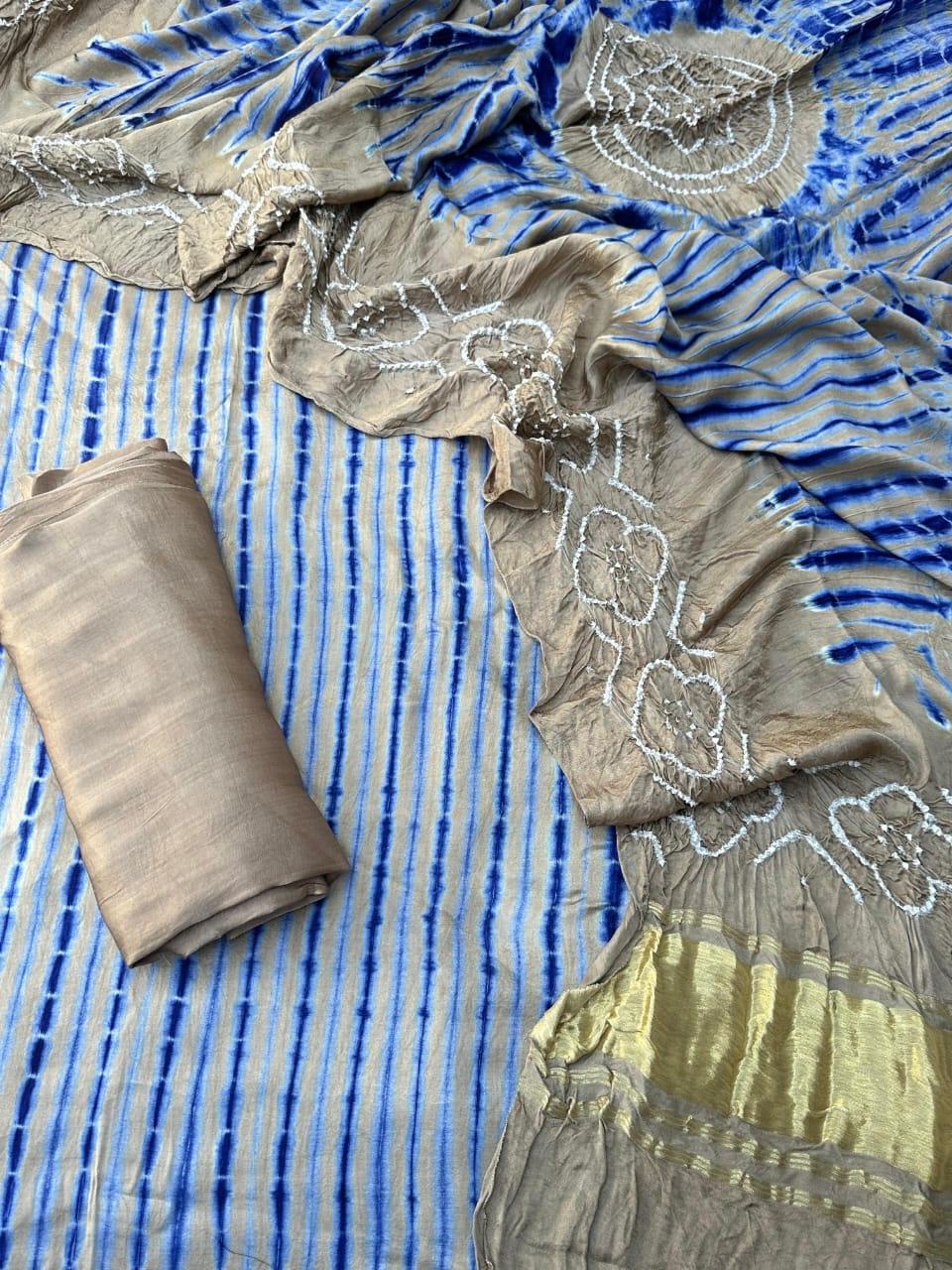 Chiku & Blue Modal Silk Tie & Dye Bandhani Dupatta 3 Piece Suits