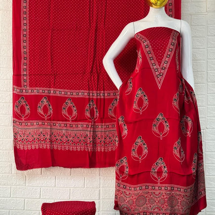 Pure Modal Silk Ajrakh Hand Block Print neptol Dye 3 Pice Suit without zari pallu