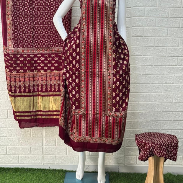 Ajrakh Hand Block Print Neptol Dye 3 Pice Suit