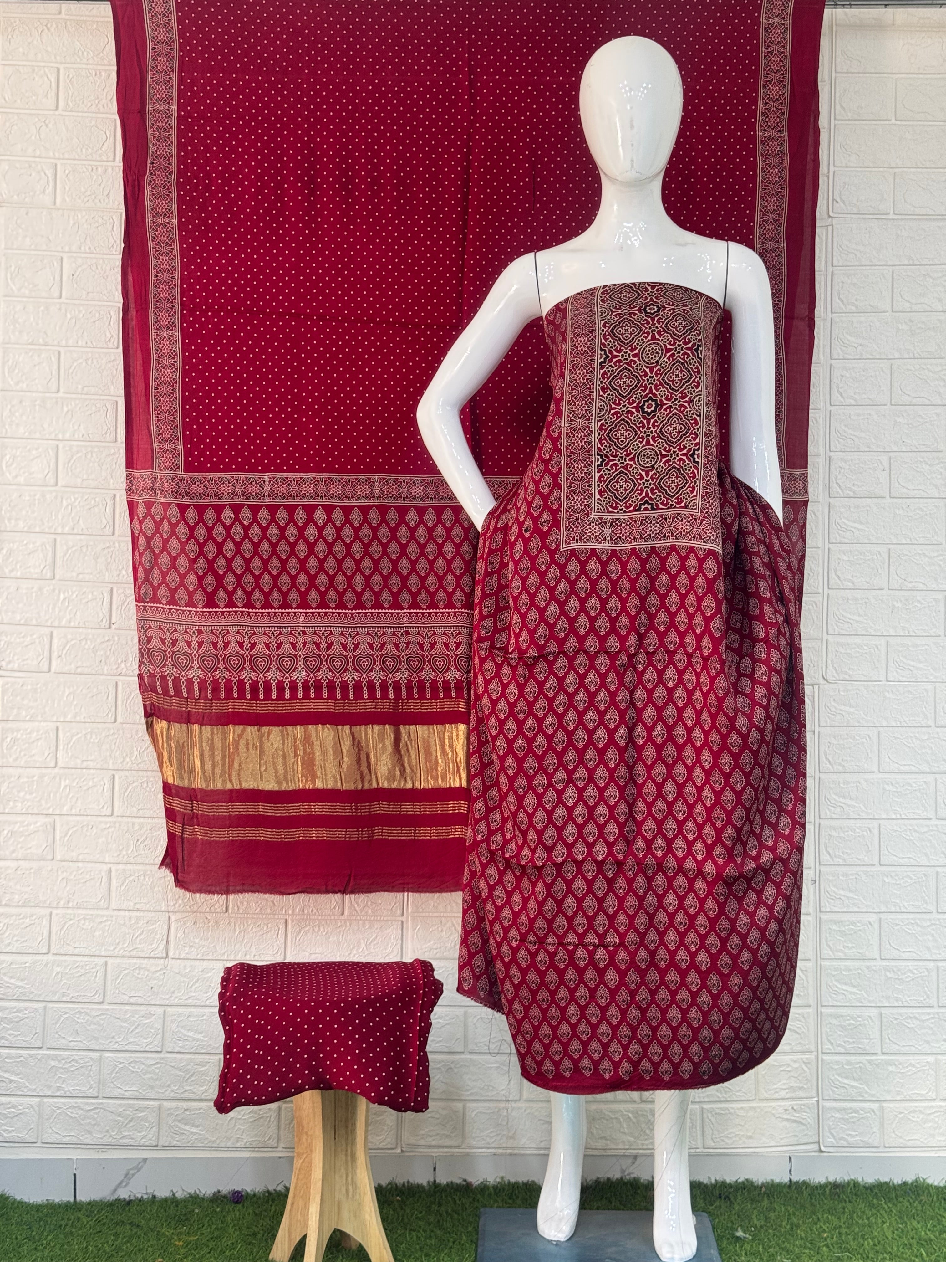 Pure Modal Silk Ajrakh Hand Block Print Neptol Dye 3 Pice Suit